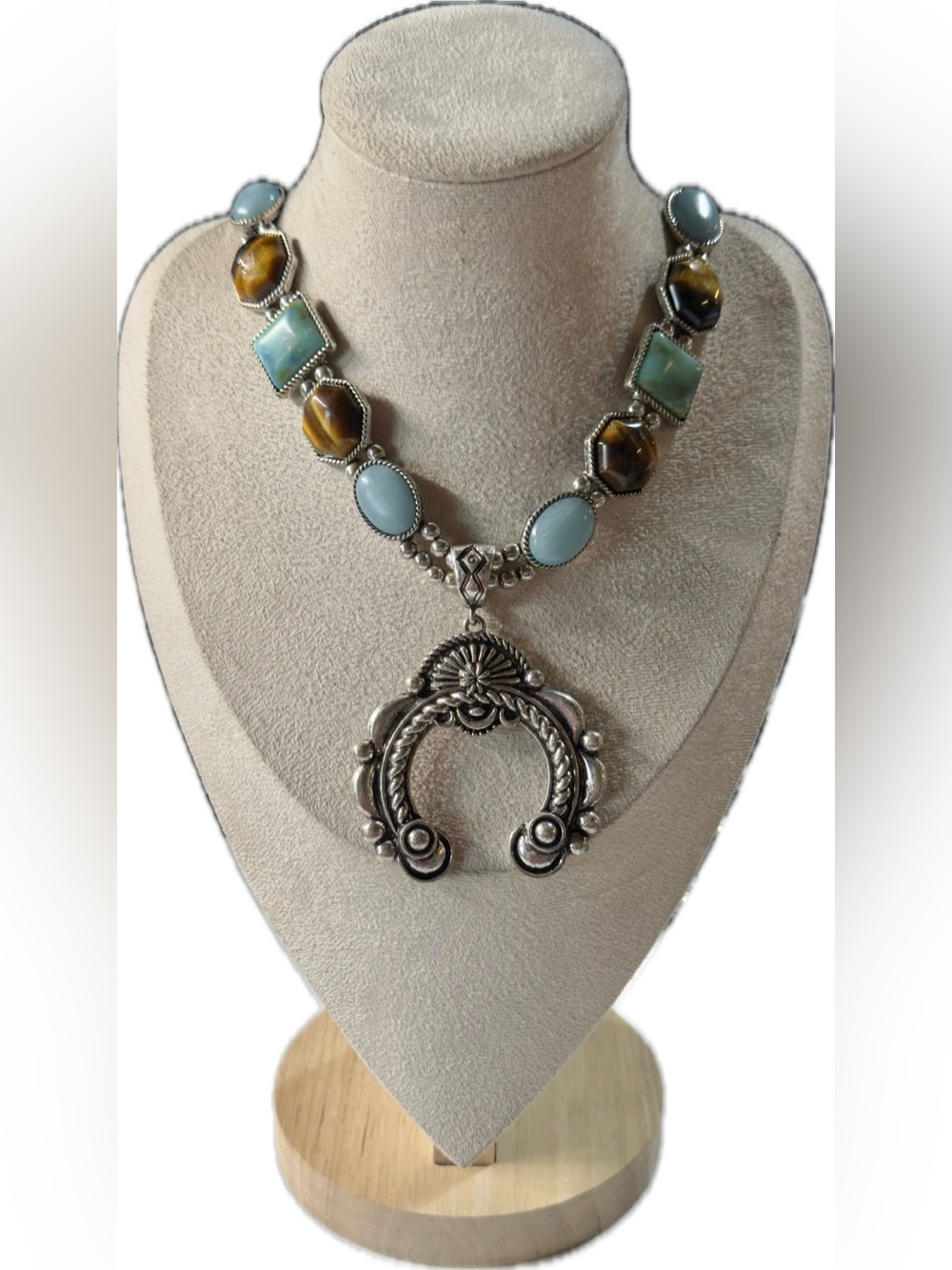 30cm Shyanne Silver-Tone Pendant Necklace with Turquoise and Tiger Eye Accents